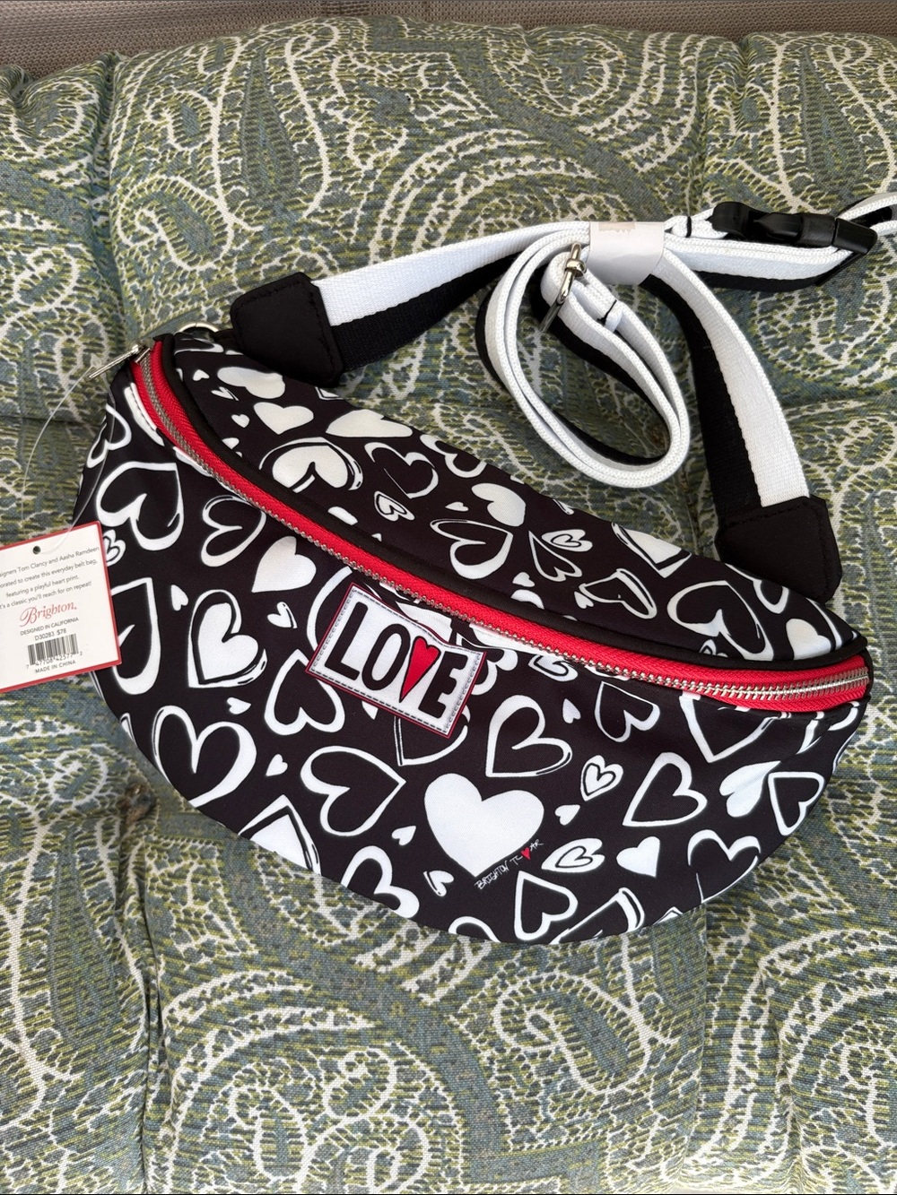 Brighton Black & White Heart Print with Red Zip Waist tote. NWTS!